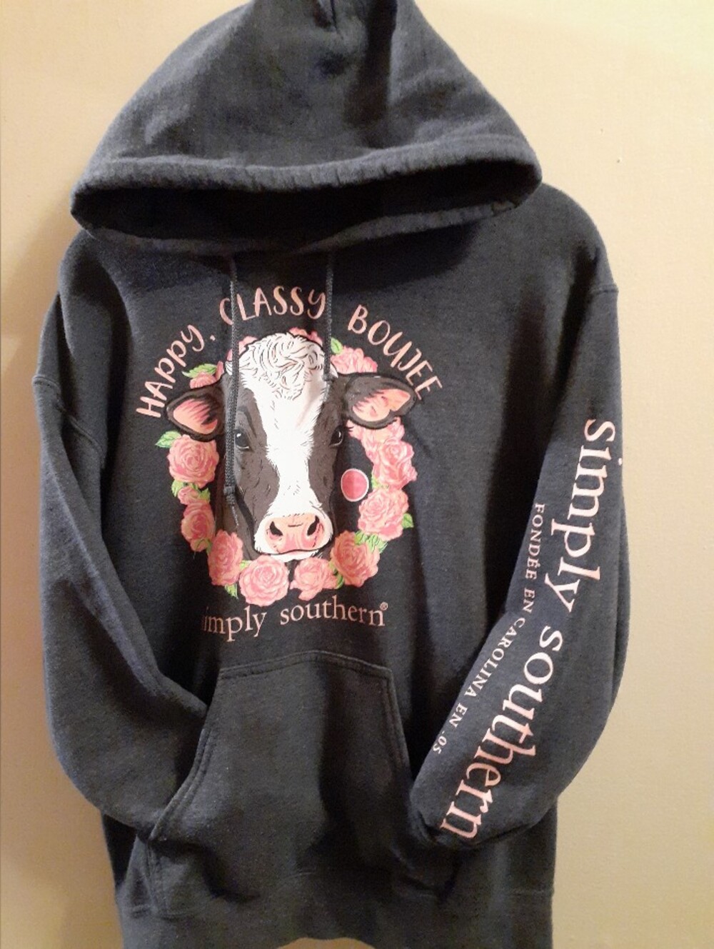 Simply Southern Dark Gray Hoodie with Pink Floral Cow Graphic